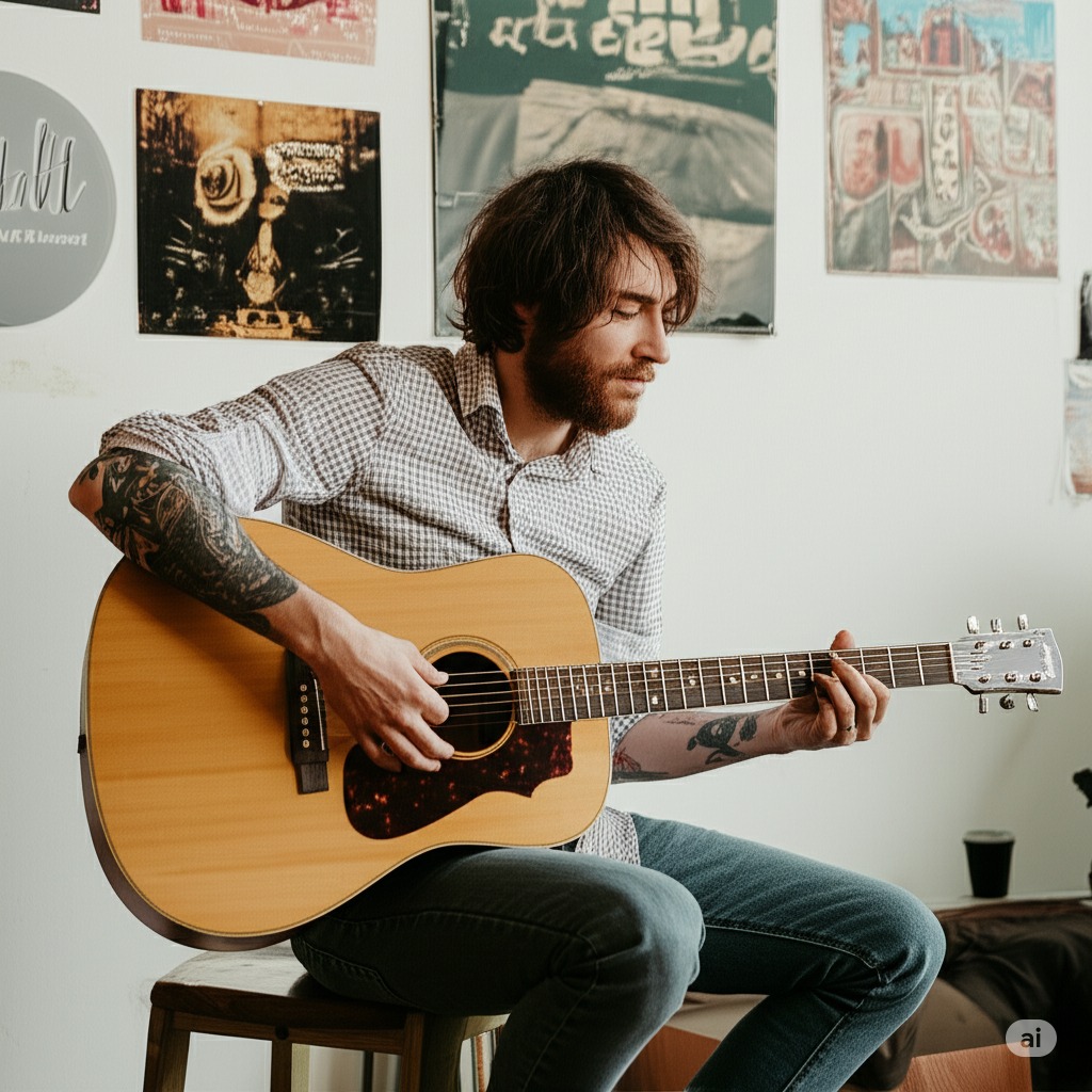 Guitarist writing at home